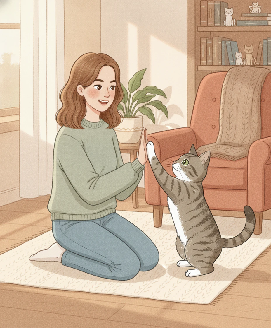Pounce illustration of a tabby cat giving their person a high five at home