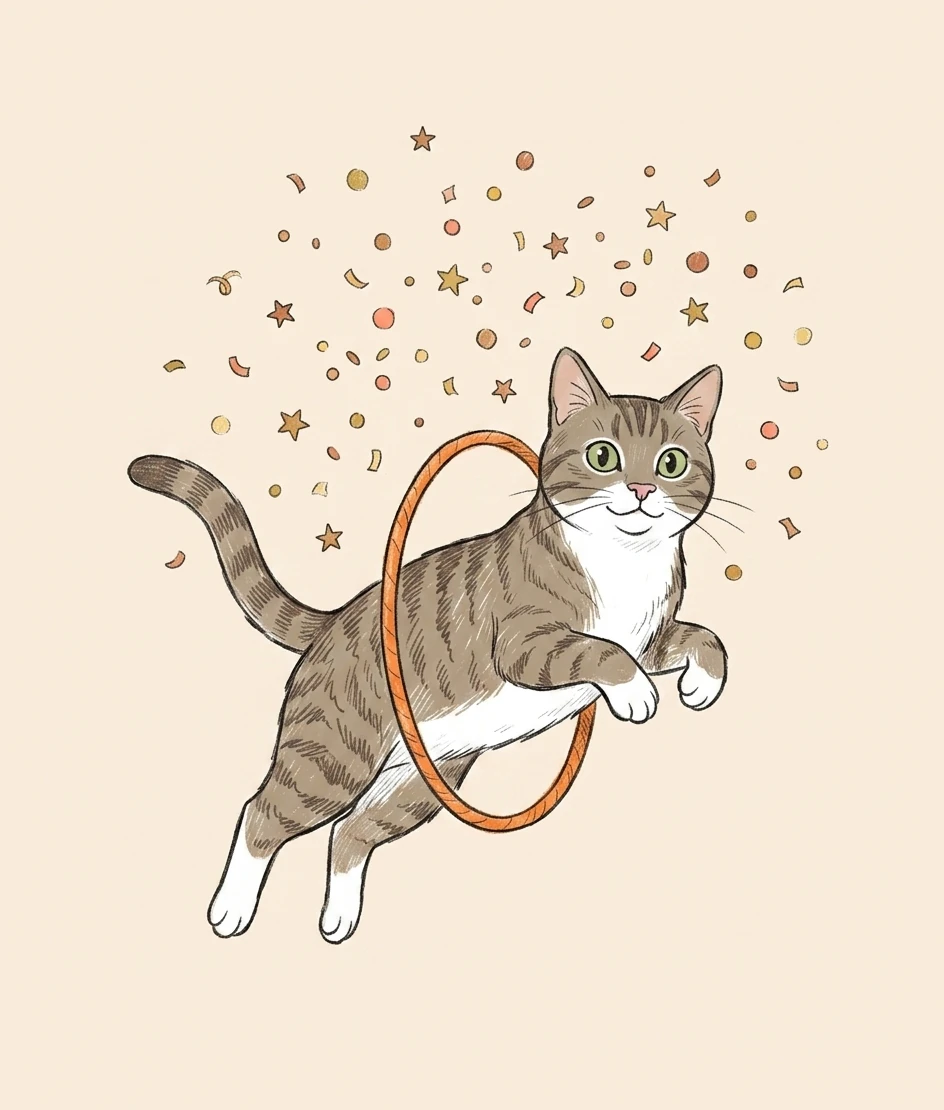 Pounce’s illustrated cat mascot celebrating a little win